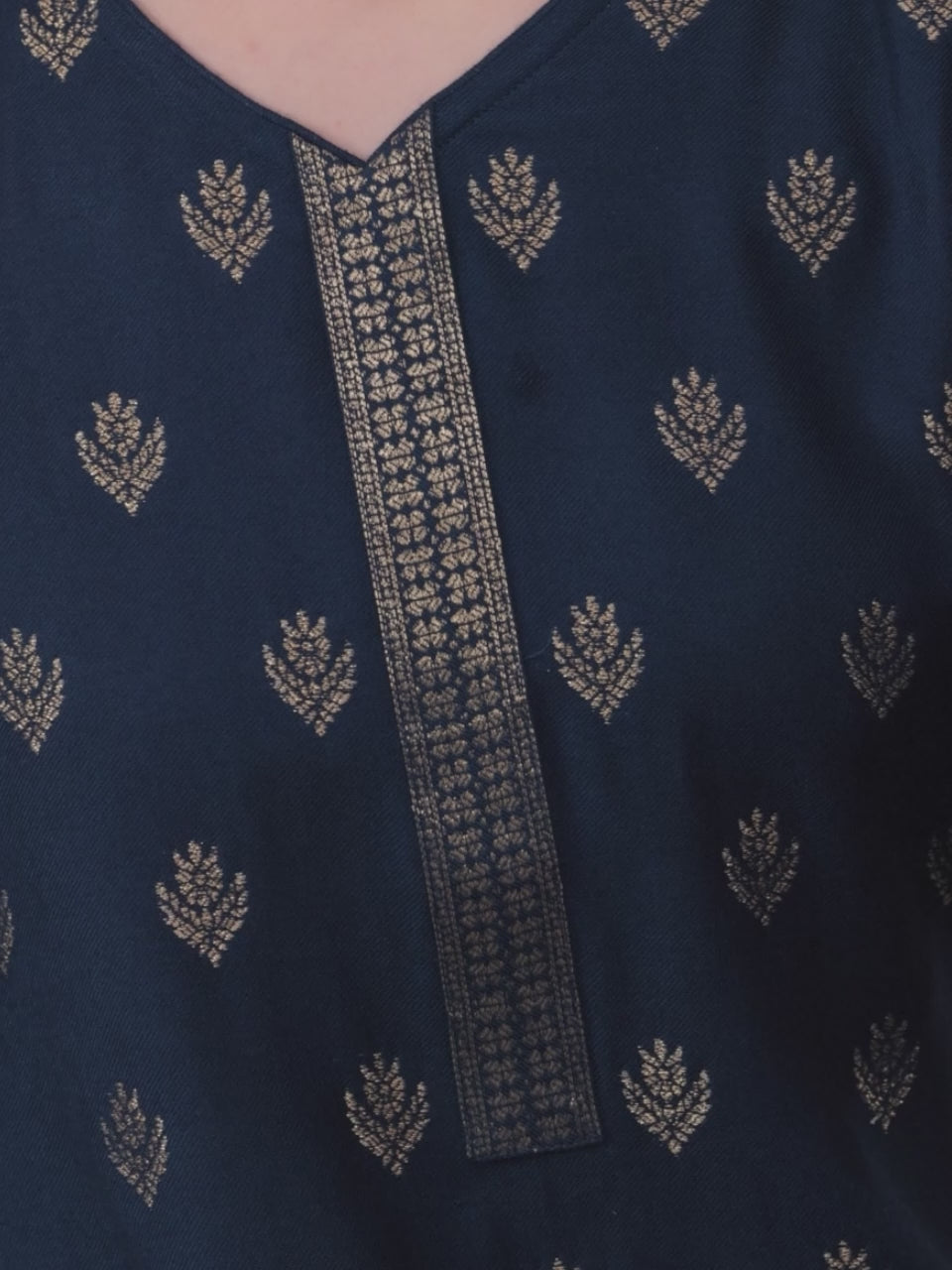 Blue Self Design Pashmina Wool Straight Kurta With Dupatta