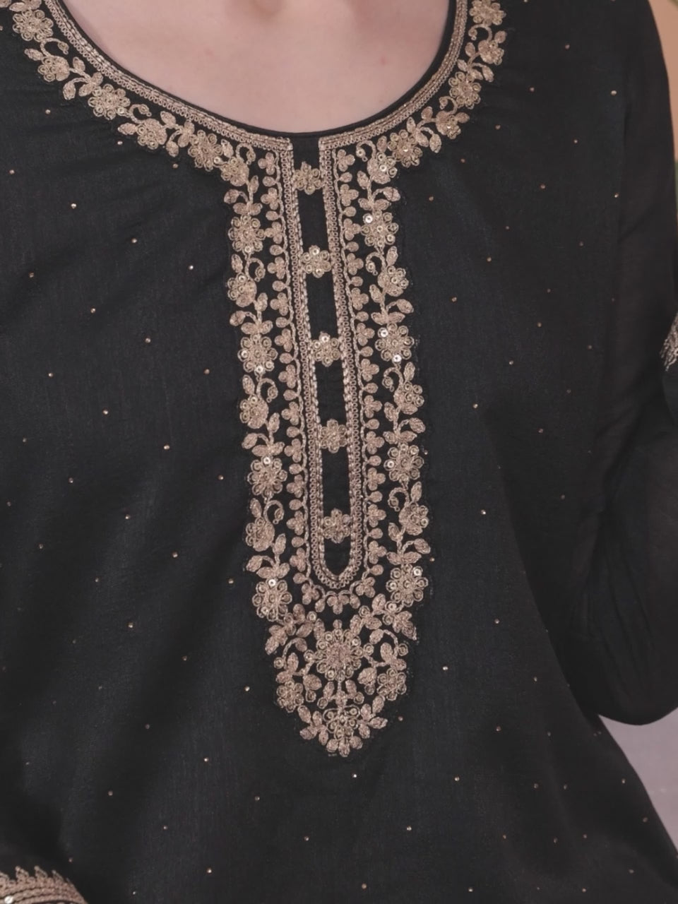 Black Embroidered Silk Blend Straight Kurta With Dupatta