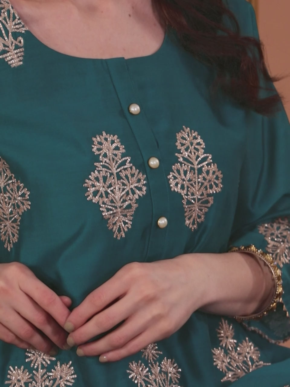  Teal Embroidered Chanderi Silk Straight Kurta With Sharara & Dupatta 