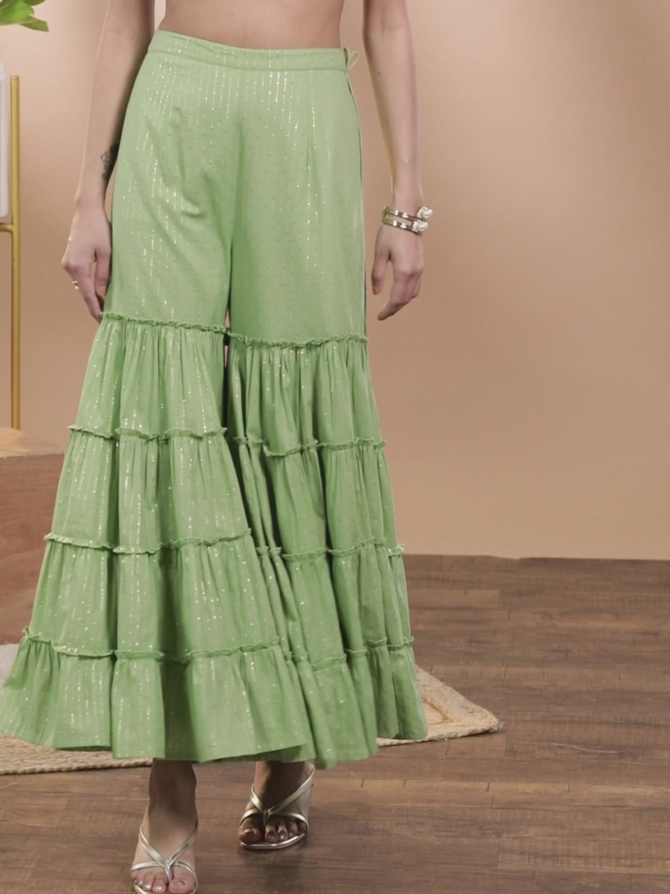  Green Self Design Cotton Sharara Pants 