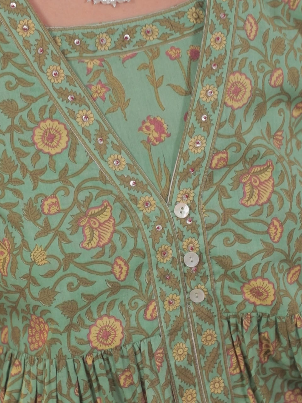  Green Printed Cotton Anarkali Kurta With Palazzos 