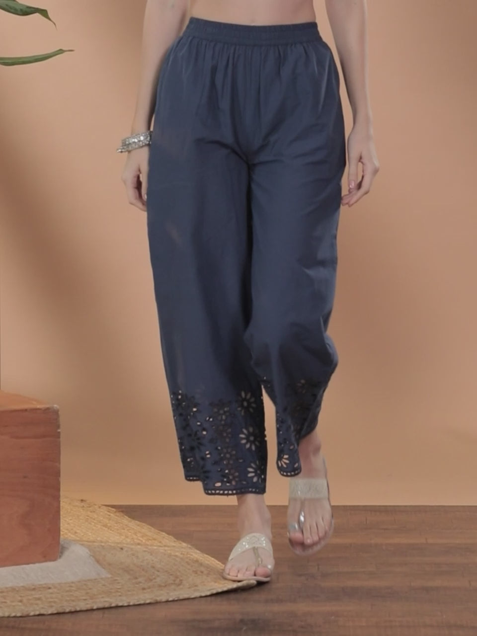  Blue Solid Cotton Palazzos 