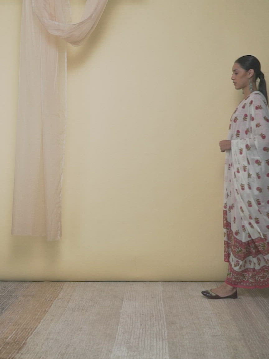  Pink Printed Cotton Anarkali Kurta With Palazzos & Dupatta 