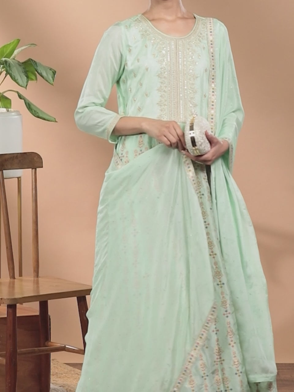 Sea Green Embroidered Silk Anarkali Kurta With Churidar & Dupatta