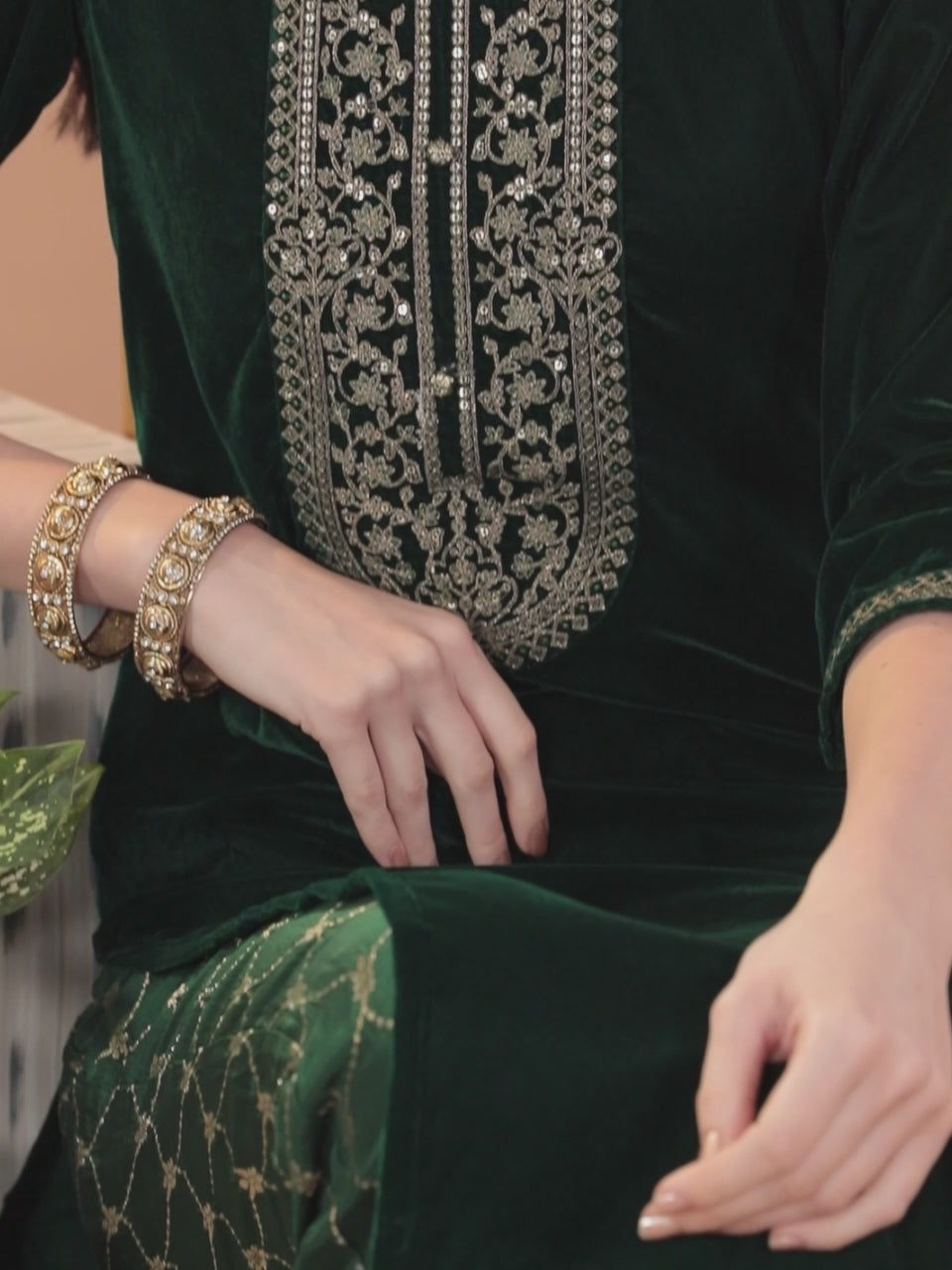  Green Yoke Design Velvet Straight Kurta With Dupatta 
