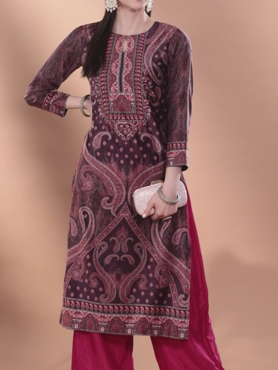  Burgundy Printed Velvet Straight Kurta 
