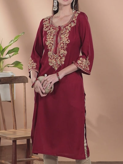 Maroon Embroidered Rayon Kurta