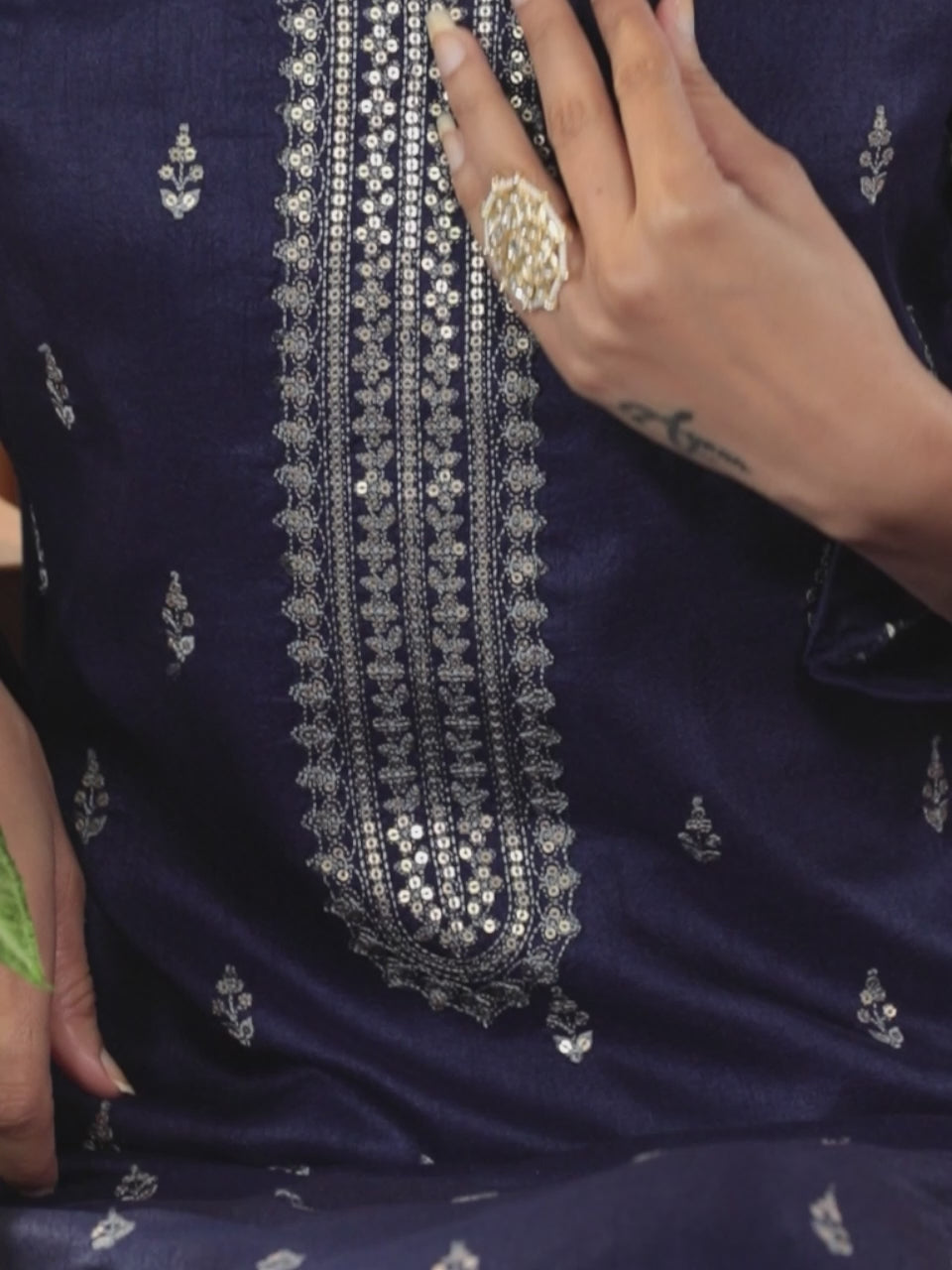  Navy Blue Embroidered Silk Blend Straight Kurta With Dupatta 