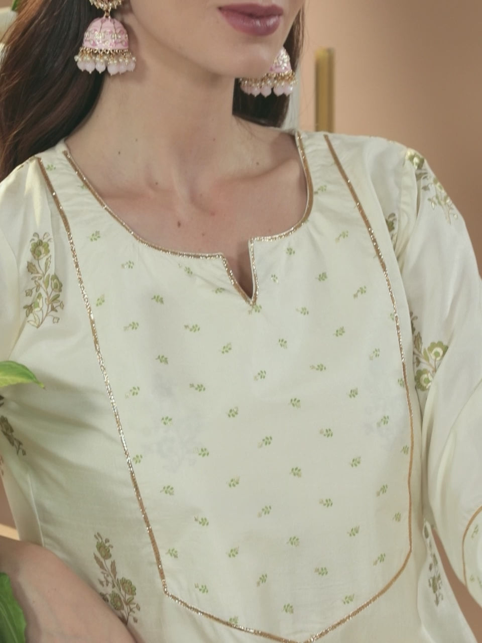  Cream Printed Silk Straight Kurta With Palazzos & Dupatta 