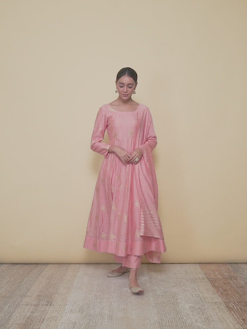 Pink Self Design Silk Anarkali Kurta With Palazzos & Dupatta