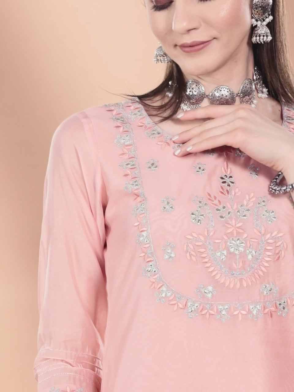 Pink Embroidered Chanderi Silk Straight Kurta