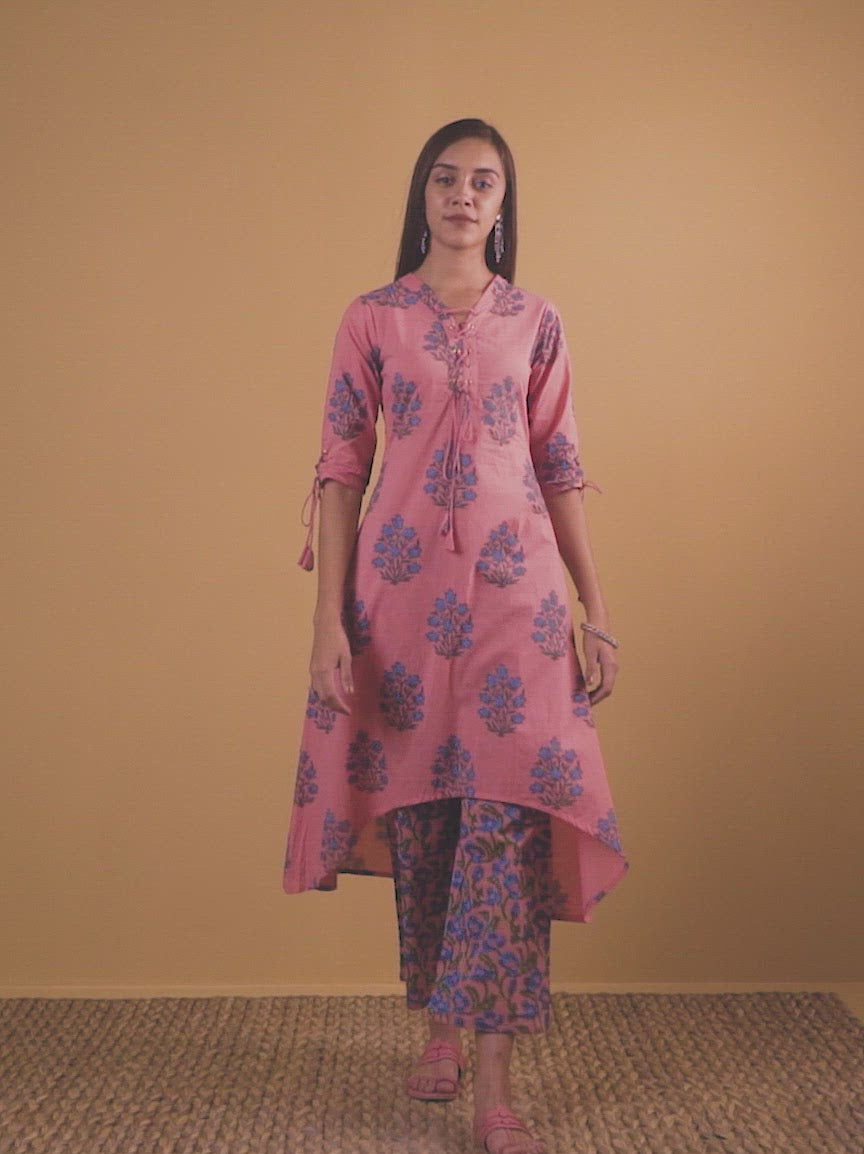  Coral Printed Cotton A-Line Kurta With Palazzos 