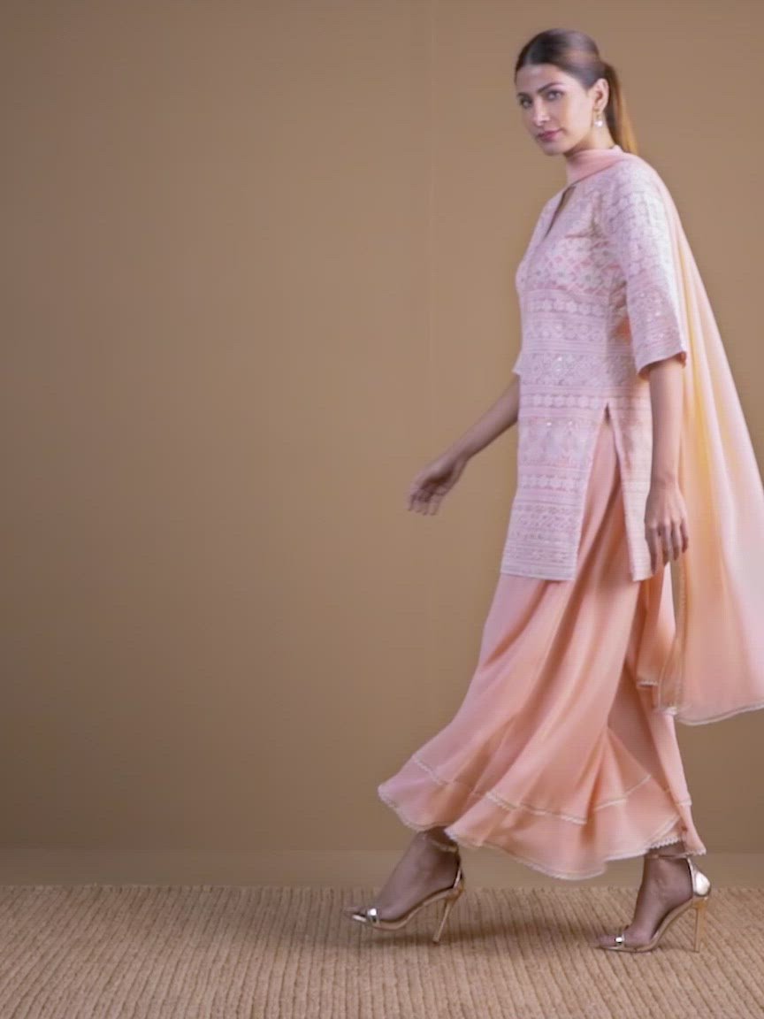 Pink Embroidered Georgette Straight Kurta With Palazzos & Dupatta