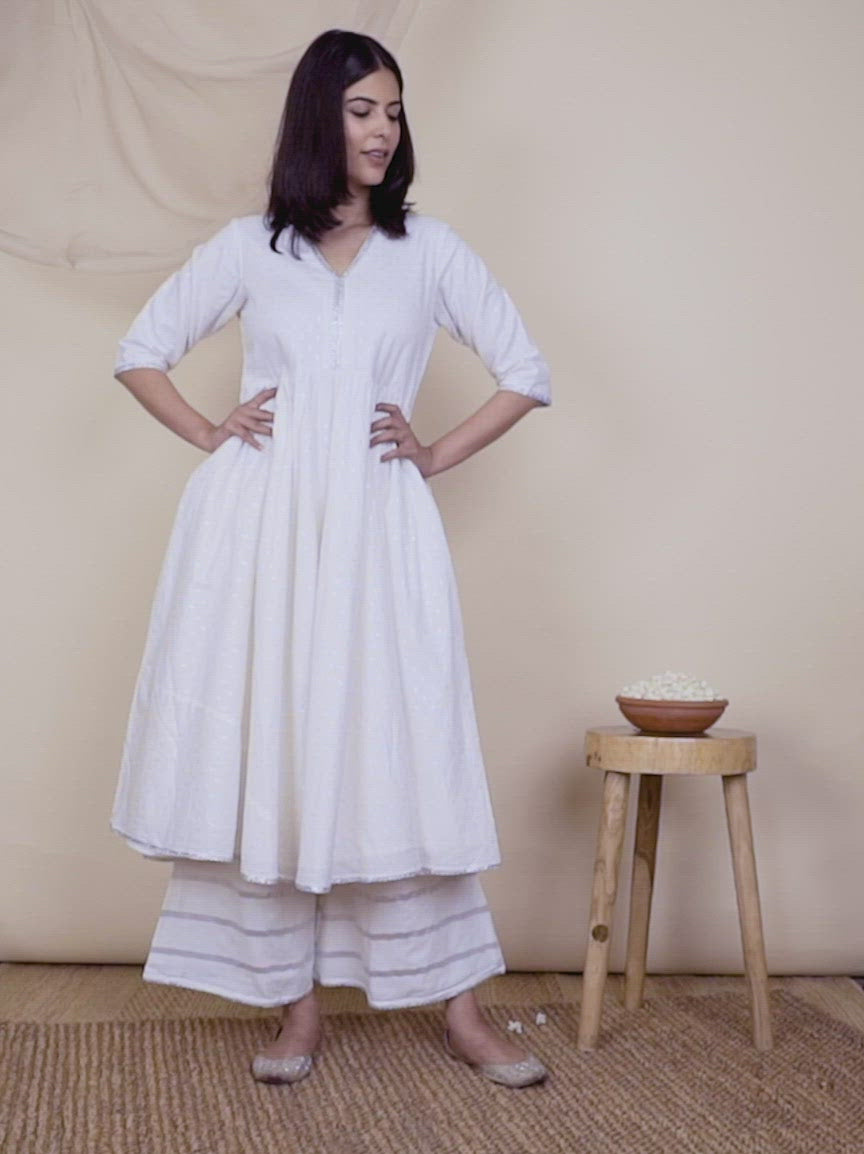  White Woven Design Cotton Kurta 