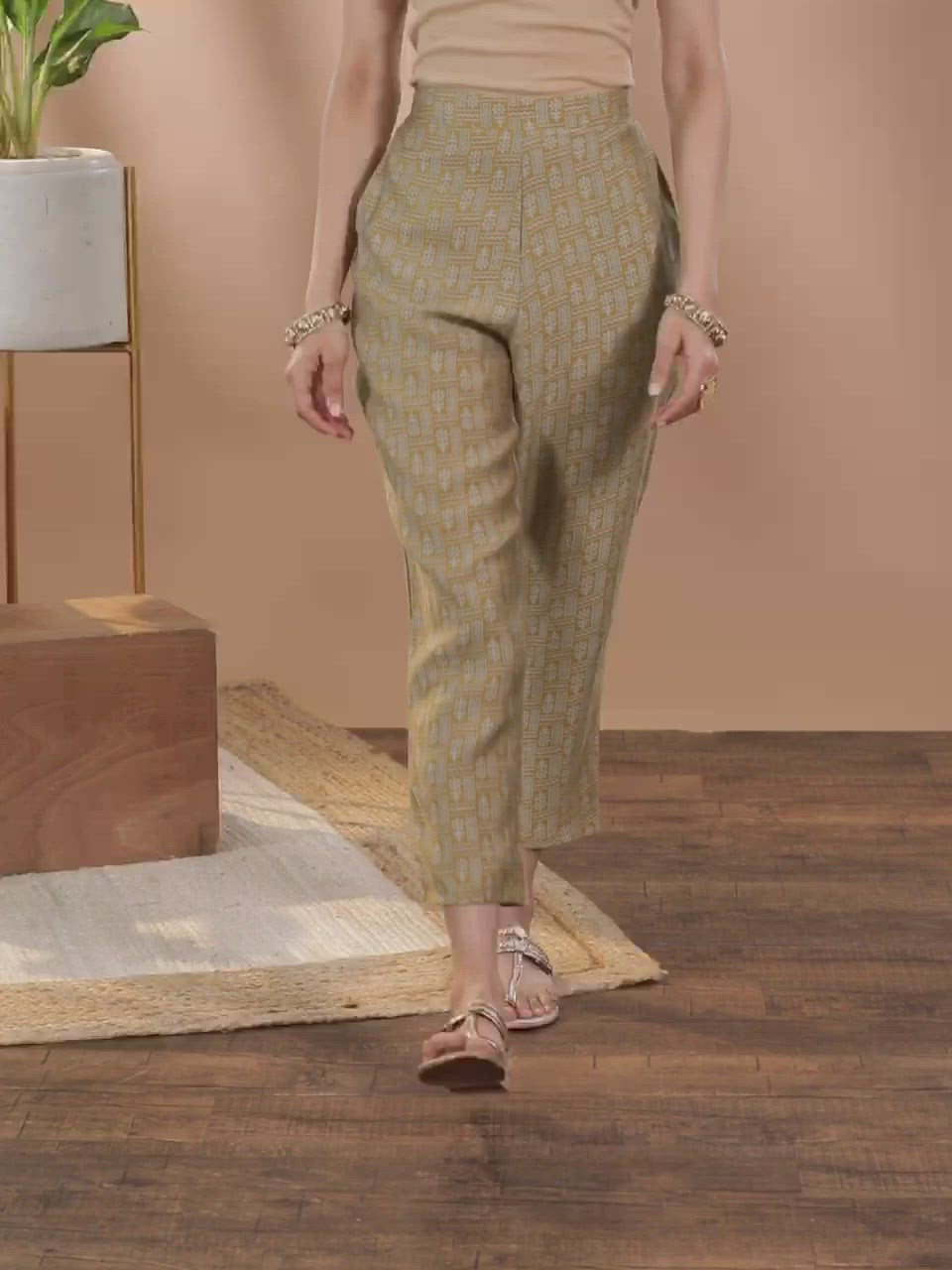 Gold Printed Silk Trousers