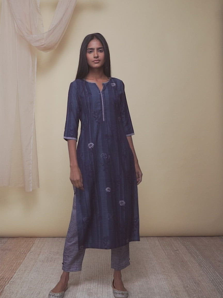  Indigo Printed Rayon Straight Kurta With Trousers 