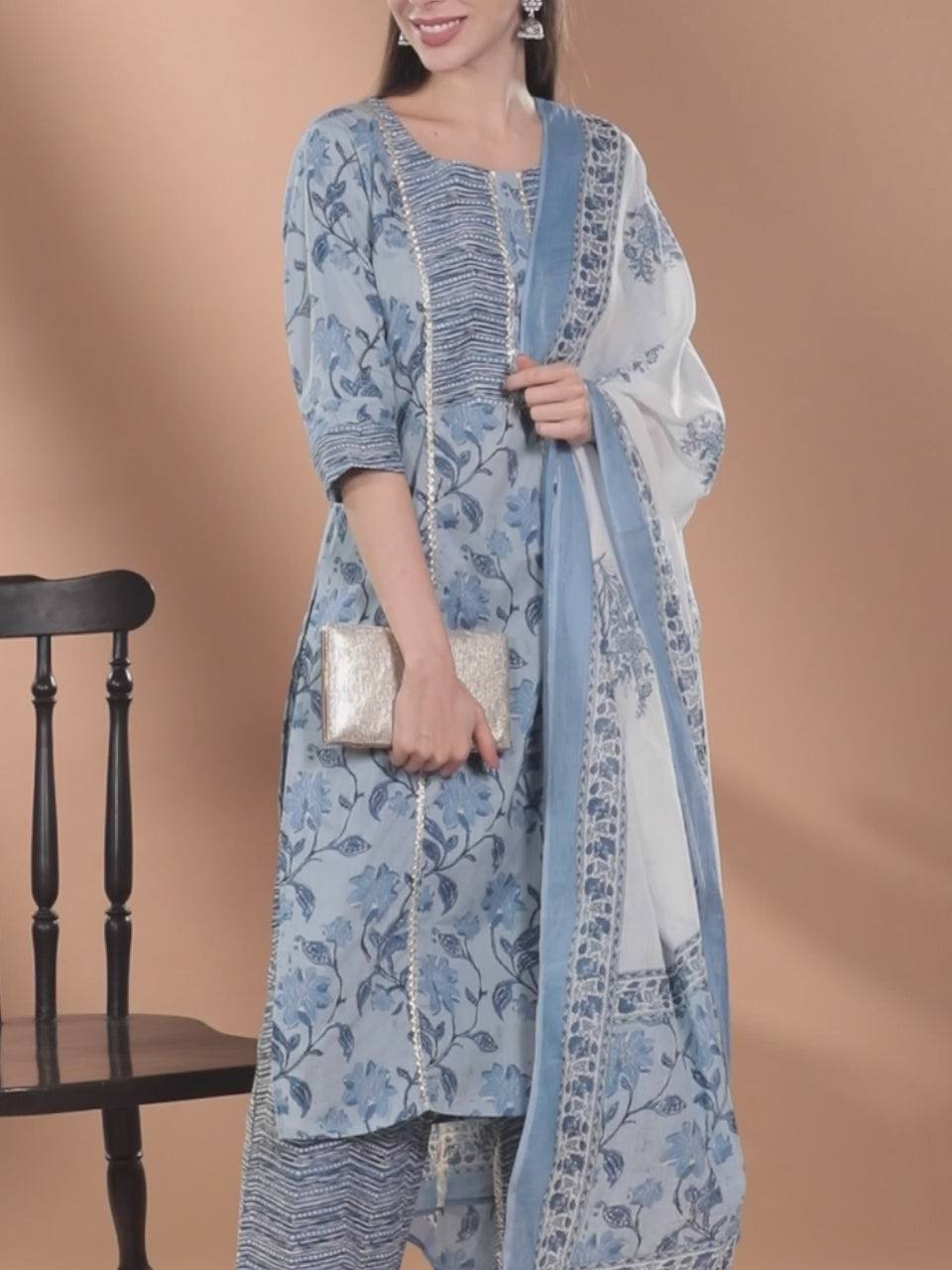 Blue Printed Cotton Straight Kurta With Palazzos & Dupatta 