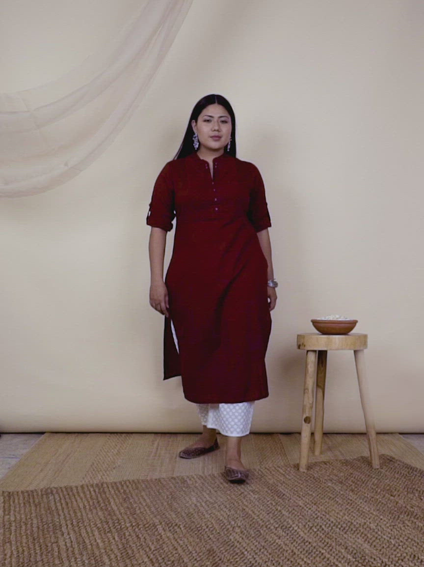 Plus Size Maroon Solid Cotton Kurta