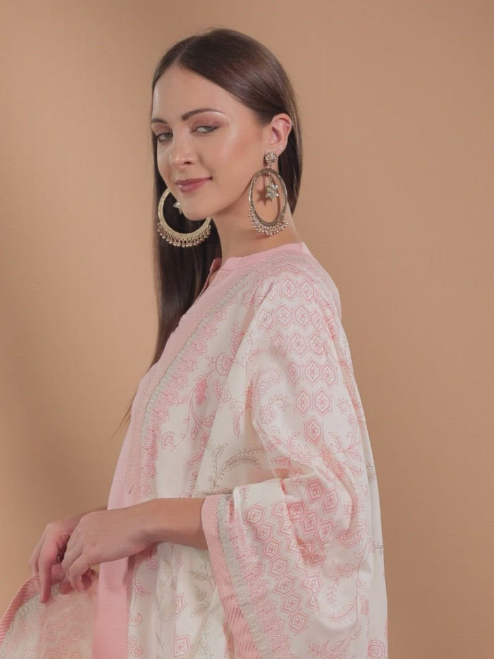 Pink Solid Cotton Straight Kurta With Palazzos & Dupatta