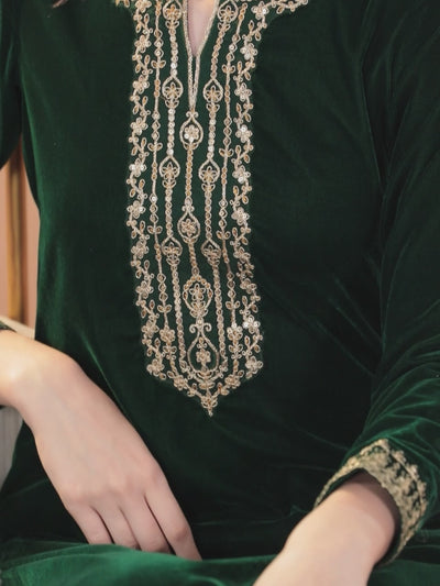 Green Yoke Design Velvet Straight Kurta With Trousers & Dupatta