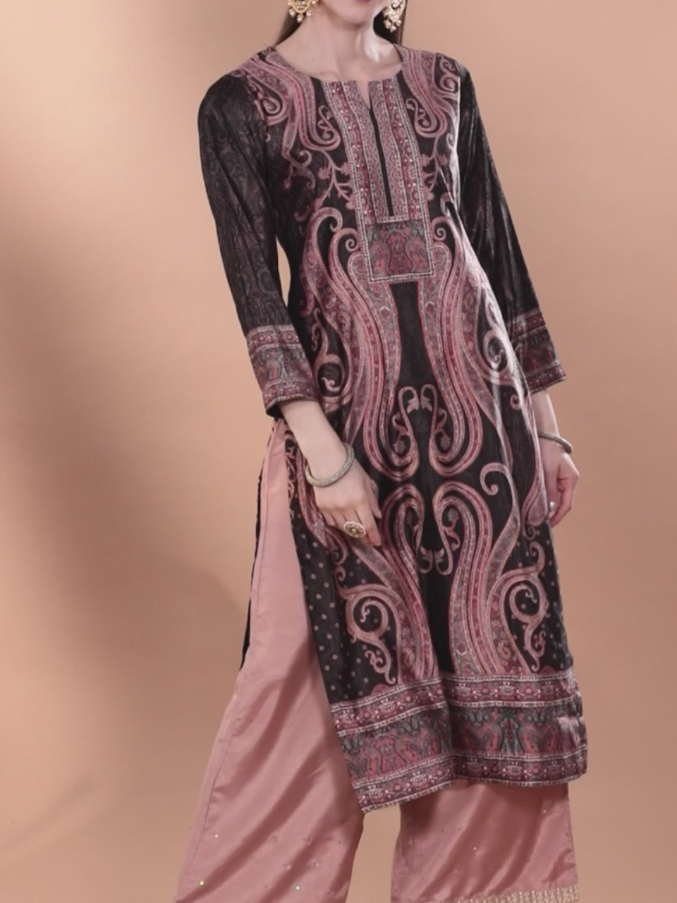  Charcoal Printed Velvet Straight Kurta 