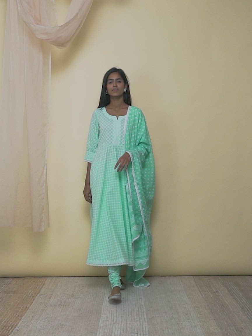  Green Printed Cotton Anarkali Kurta With Churidar & Dupatta 