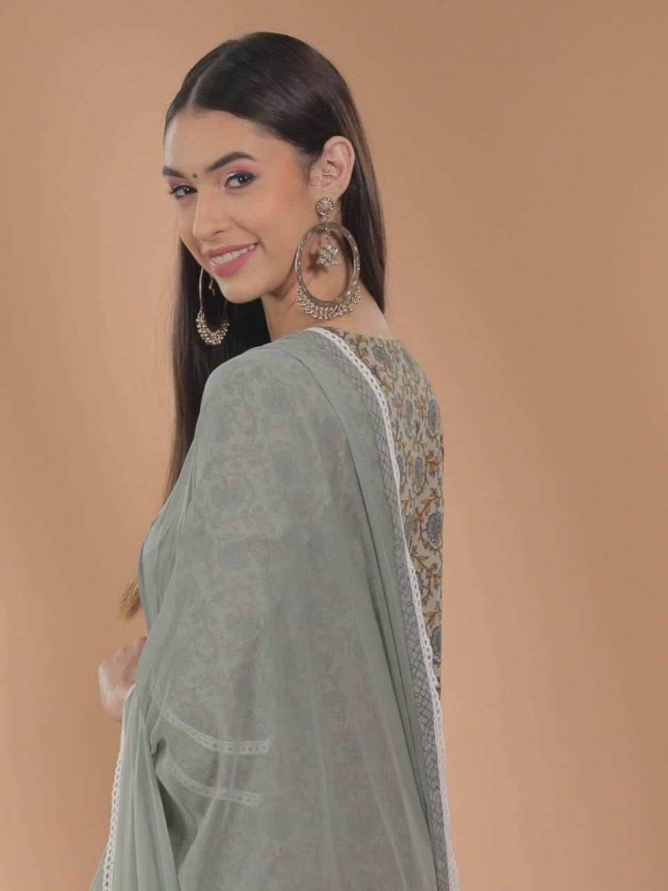 Grey Printed Cotton A-Line Kurta With Salwar & Dupatta