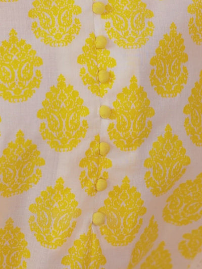 Yellow Printed Cotton A-Line Kurta With Dupatta