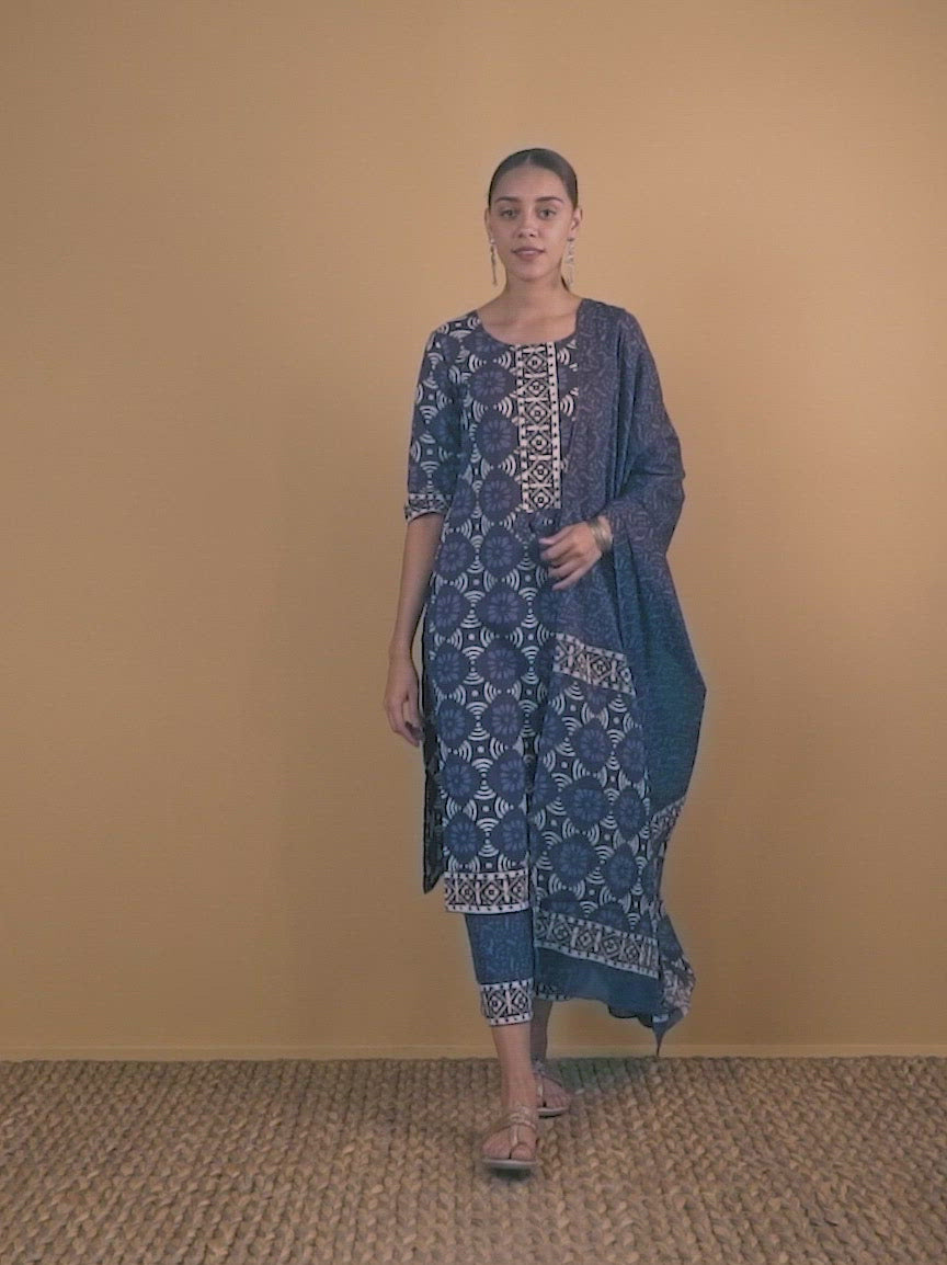 Blue Printed Cotton Straight Kurta With Palazzos & Dupatta