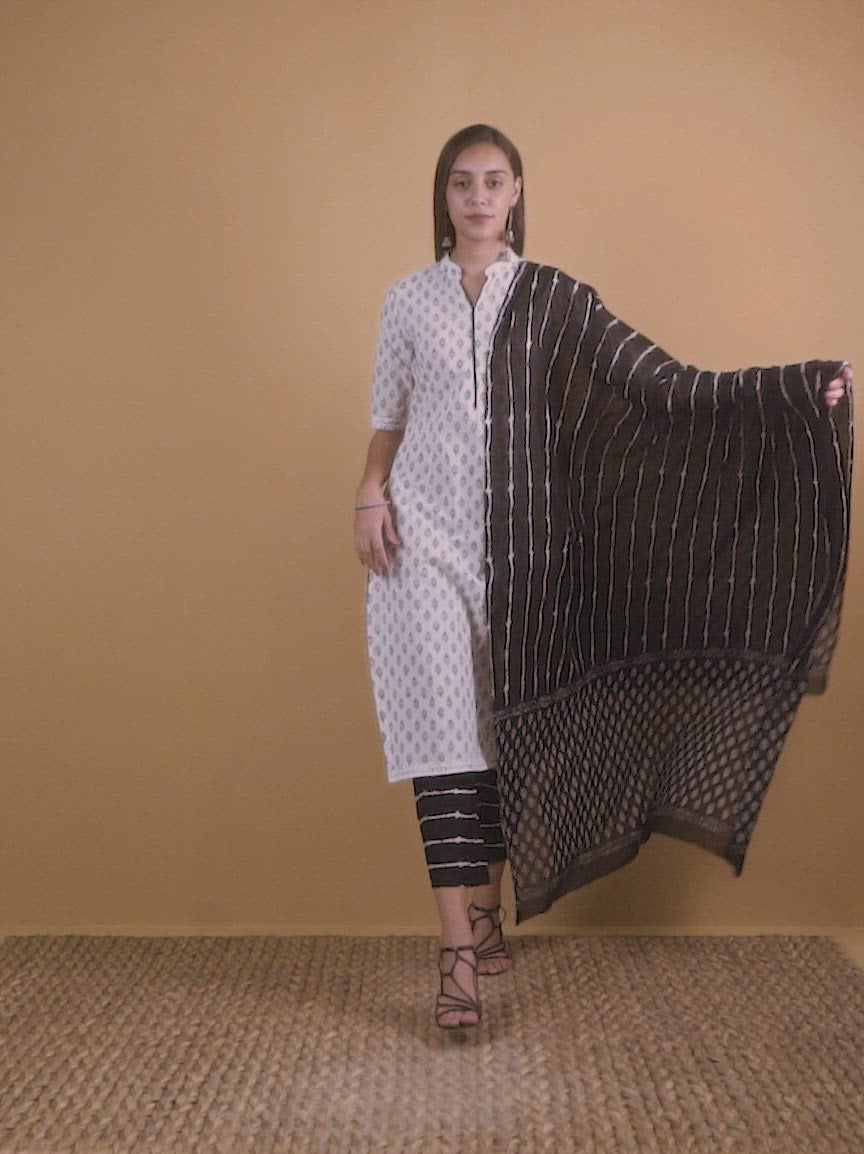  White Printed Cotton Straight Kurta With Palazzos & Dupatta 