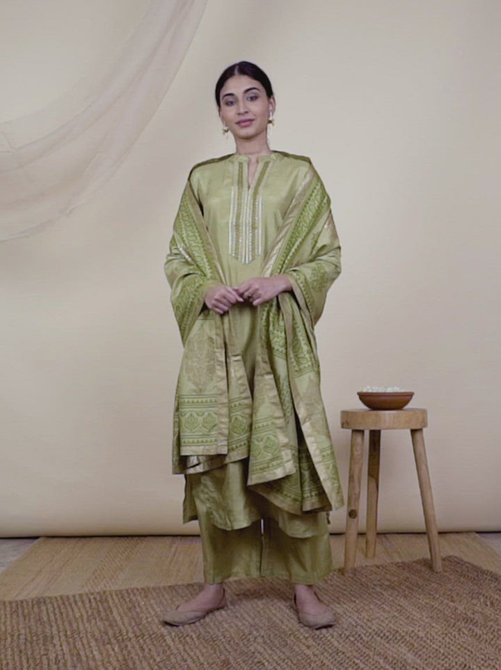 Green Solid Silk Straight Kurta With Palazzos & Dupatta