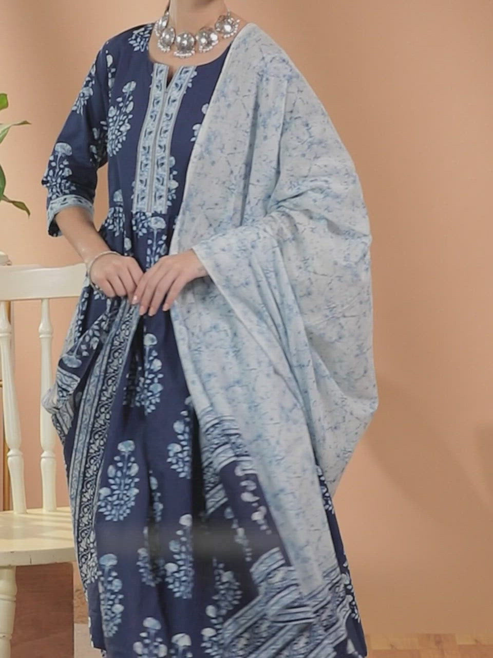  Blue Printed Cotton A-Line Kurta With Dupatta 