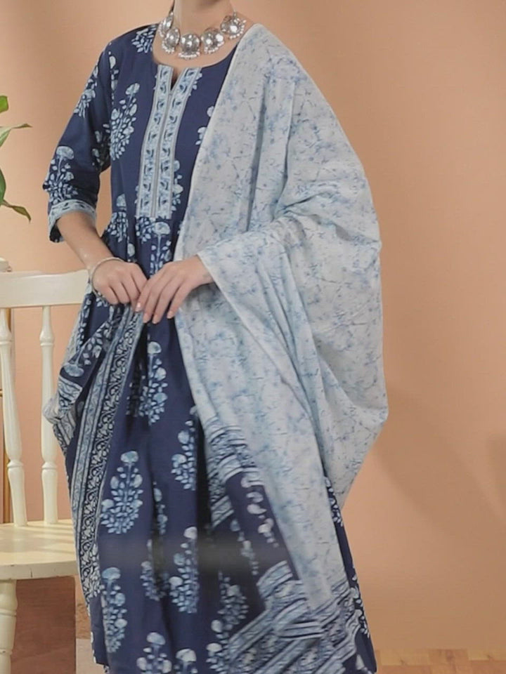 Blue Printed Cotton A-Line Kurta With Dupatta