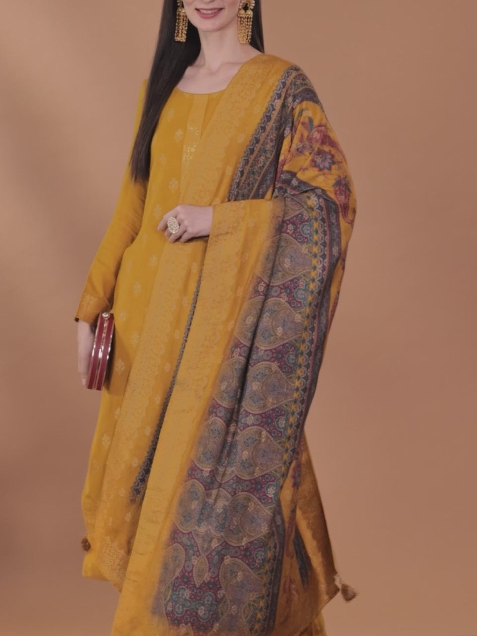  Mustard Self Design Pashmina Wool Straight Kurta With Dupatta 