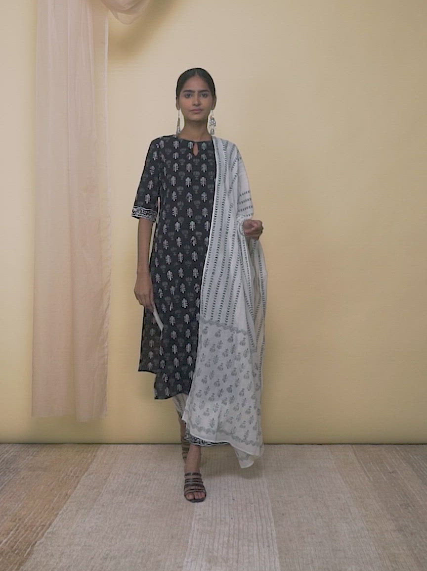 Black Printed Cotton Straight Kurta With Palazzos & Dupatta 