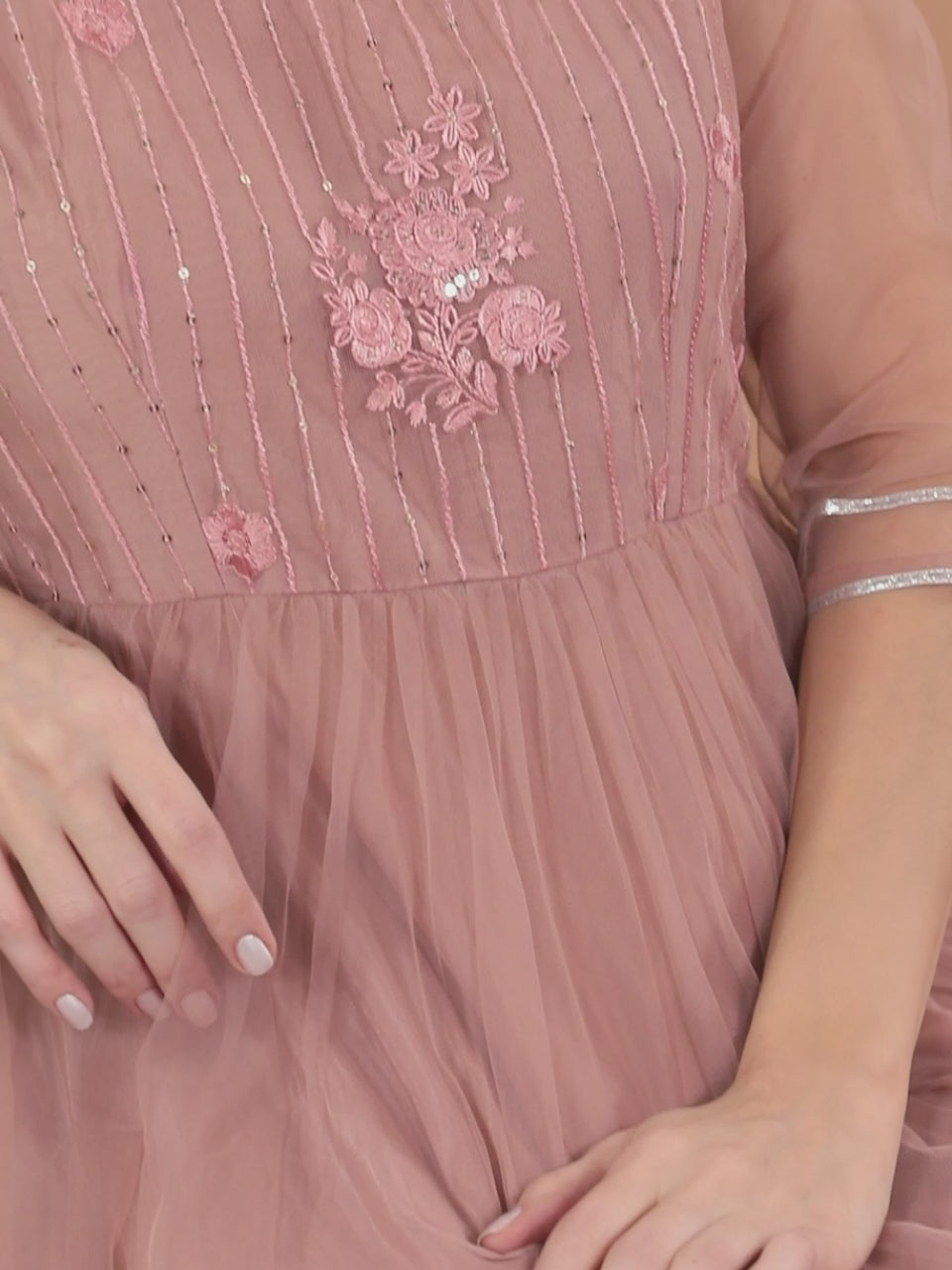  Mauve Embroidered Net Anarkali Kurta With Trousers & Dupatta 