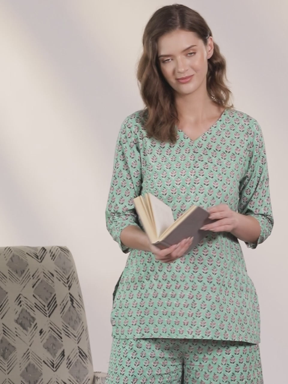  Green Printed Cotton Night Suit 