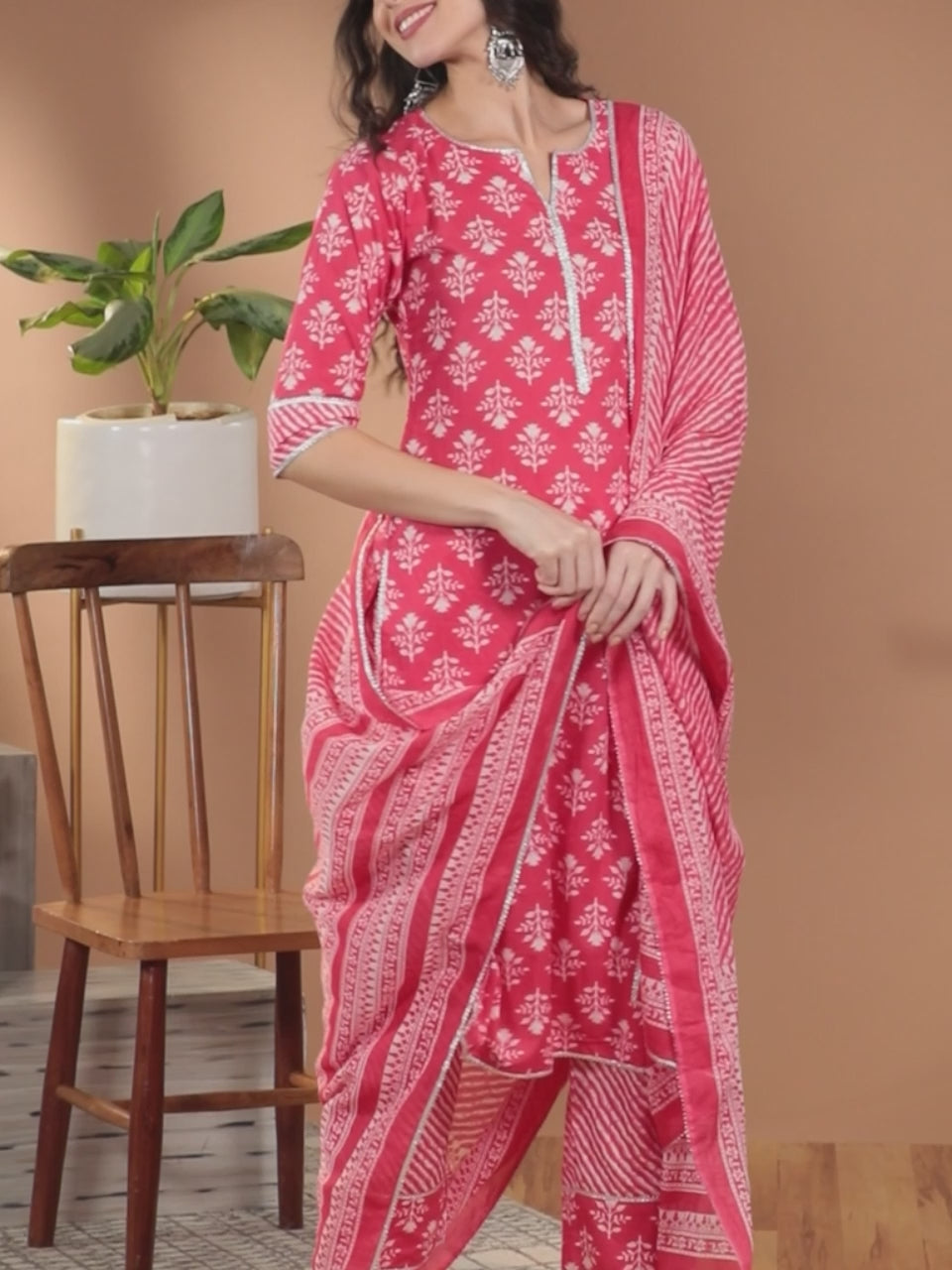  Coral Printed Cotton Straight Kurta With Trousers & Dupatta 