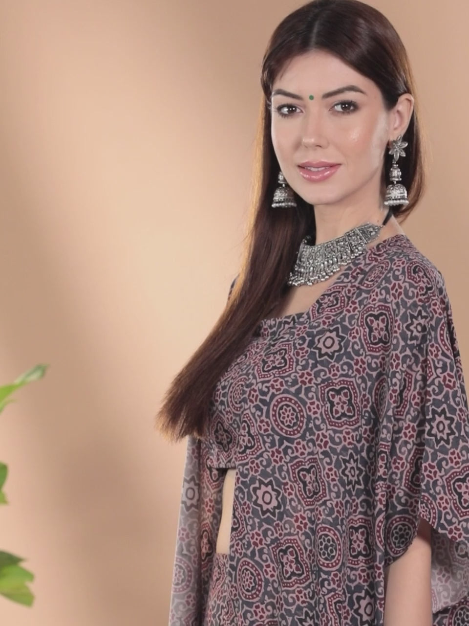  Grey Printed Georgette Straight Top With Palazzos & Shrug 
