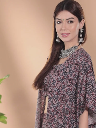 Grey Printed Georgette Straight Top With Palazzos & Shrug