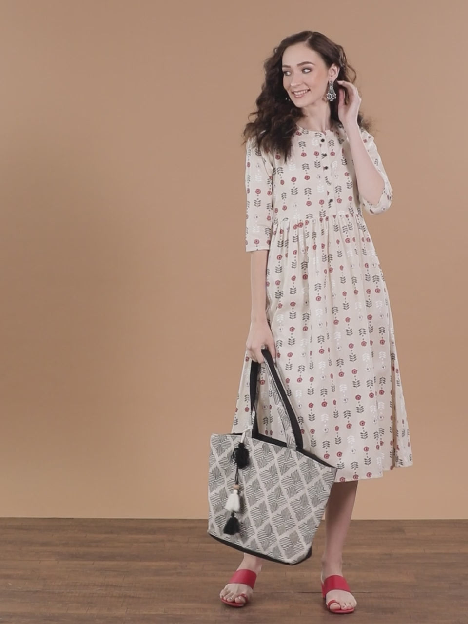  Off White Printed Cotton Dress 