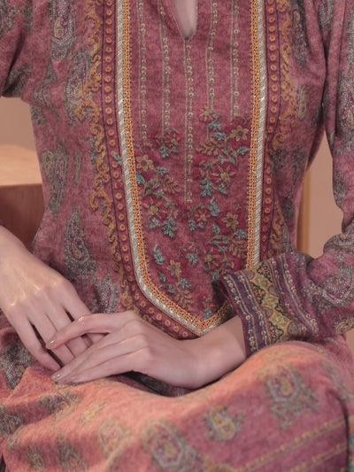 Peach Printed Wool Straight Kurta With Trousers & Dupatta