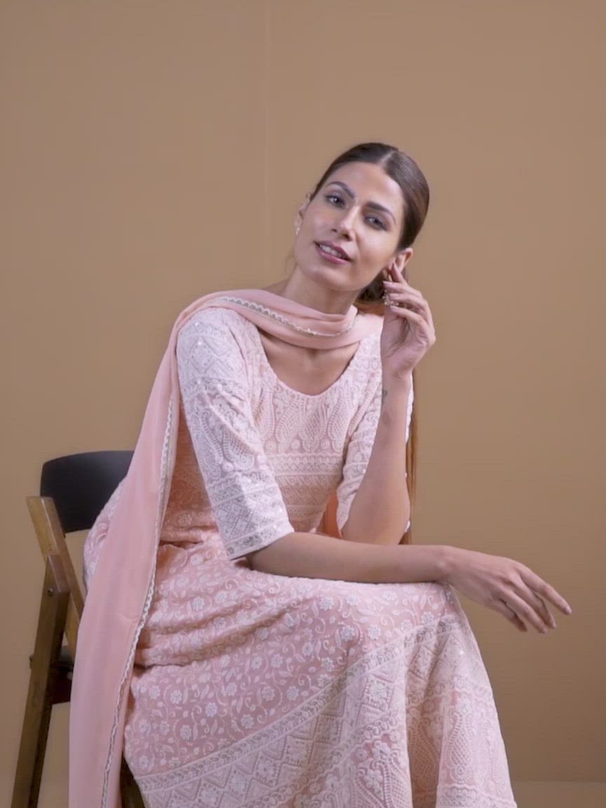  Pink Embroidered Georgette Anarkali Kurta With Palazzos & Dupatta 
