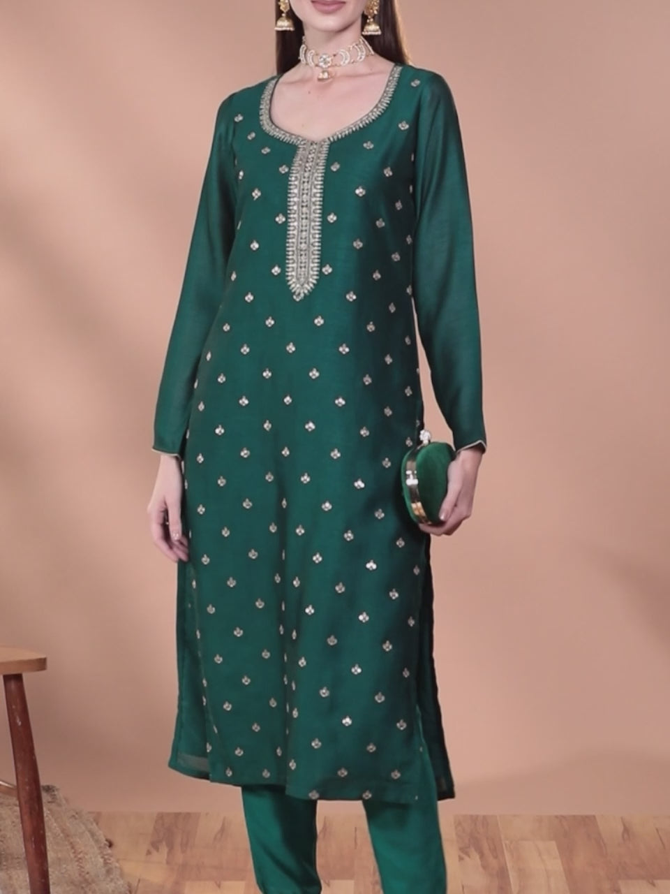  Green Embroidered Silk Straight Kurta 