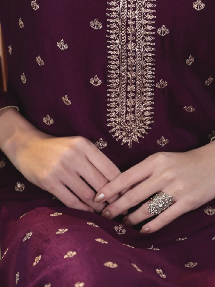 Purple Embroidered Silk Straight Kurta