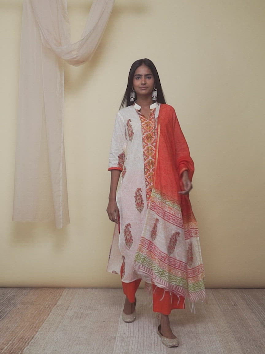  Orange Printed Cotton Straight Kurta With Palazzos & Dupatta 