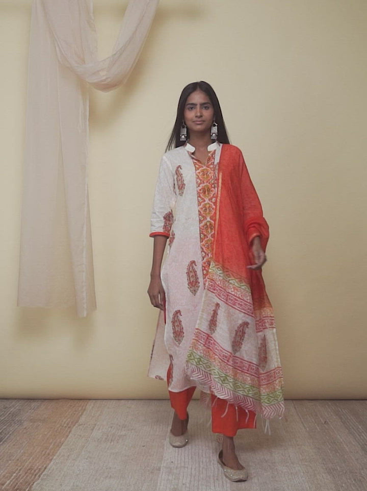 Orange Printed Cotton Straight Kurta With Palazzos & Dupatta