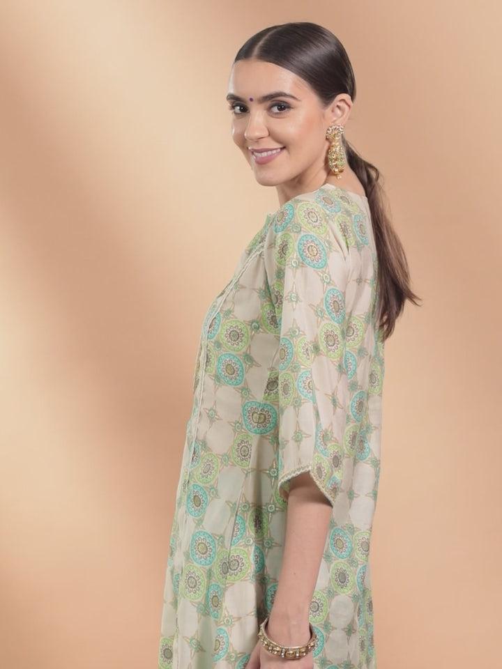 Green Printed Silk Kurta