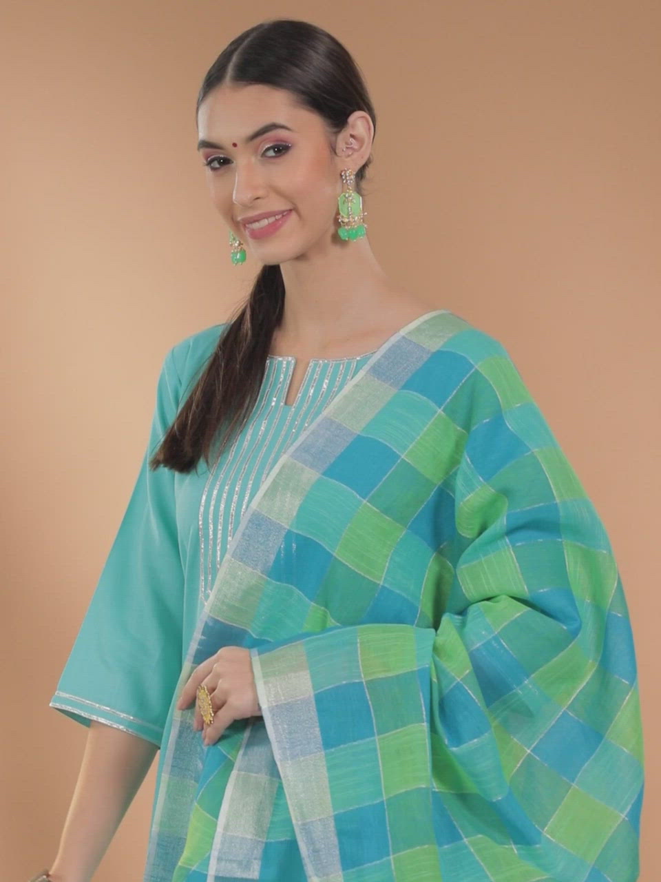  Blue Solid Cotton Straight Kurta With Palazzos & Dupatta 