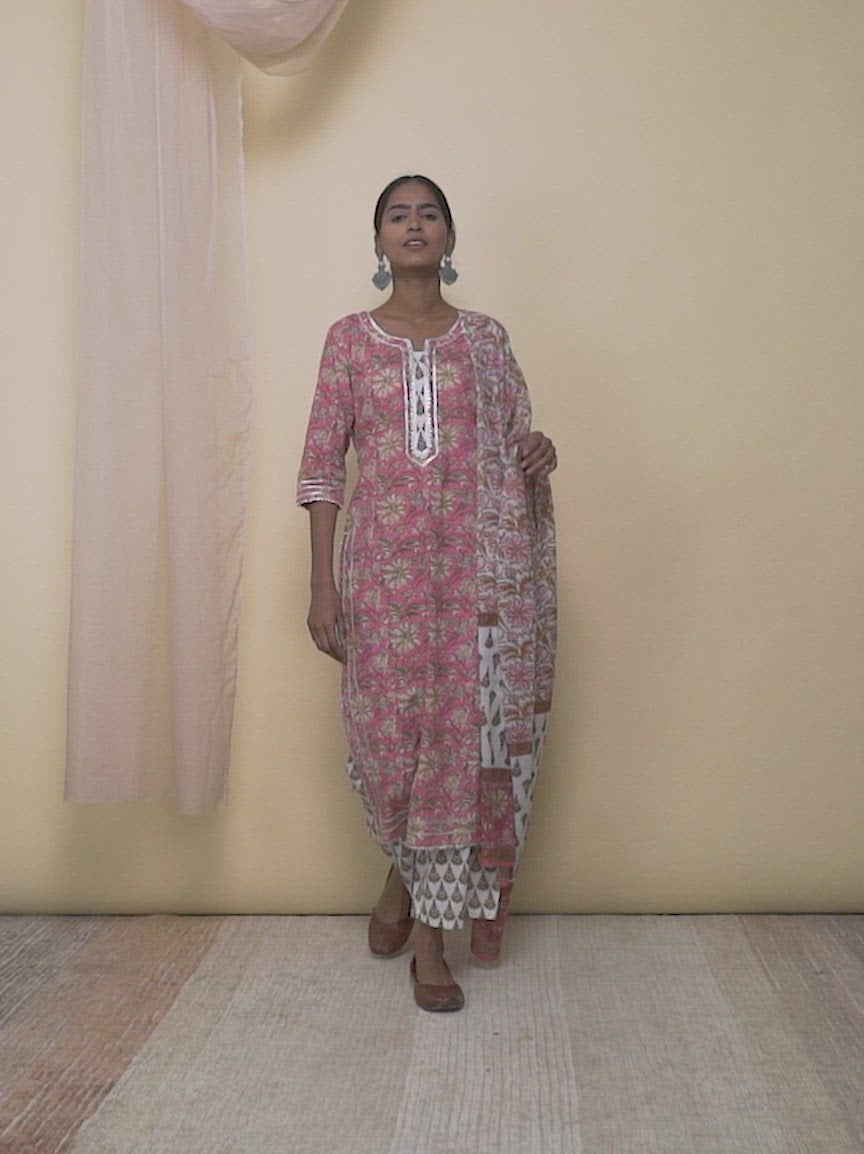 Pink Printed Cotton Straight Kurta With Palazzos & Dupatta